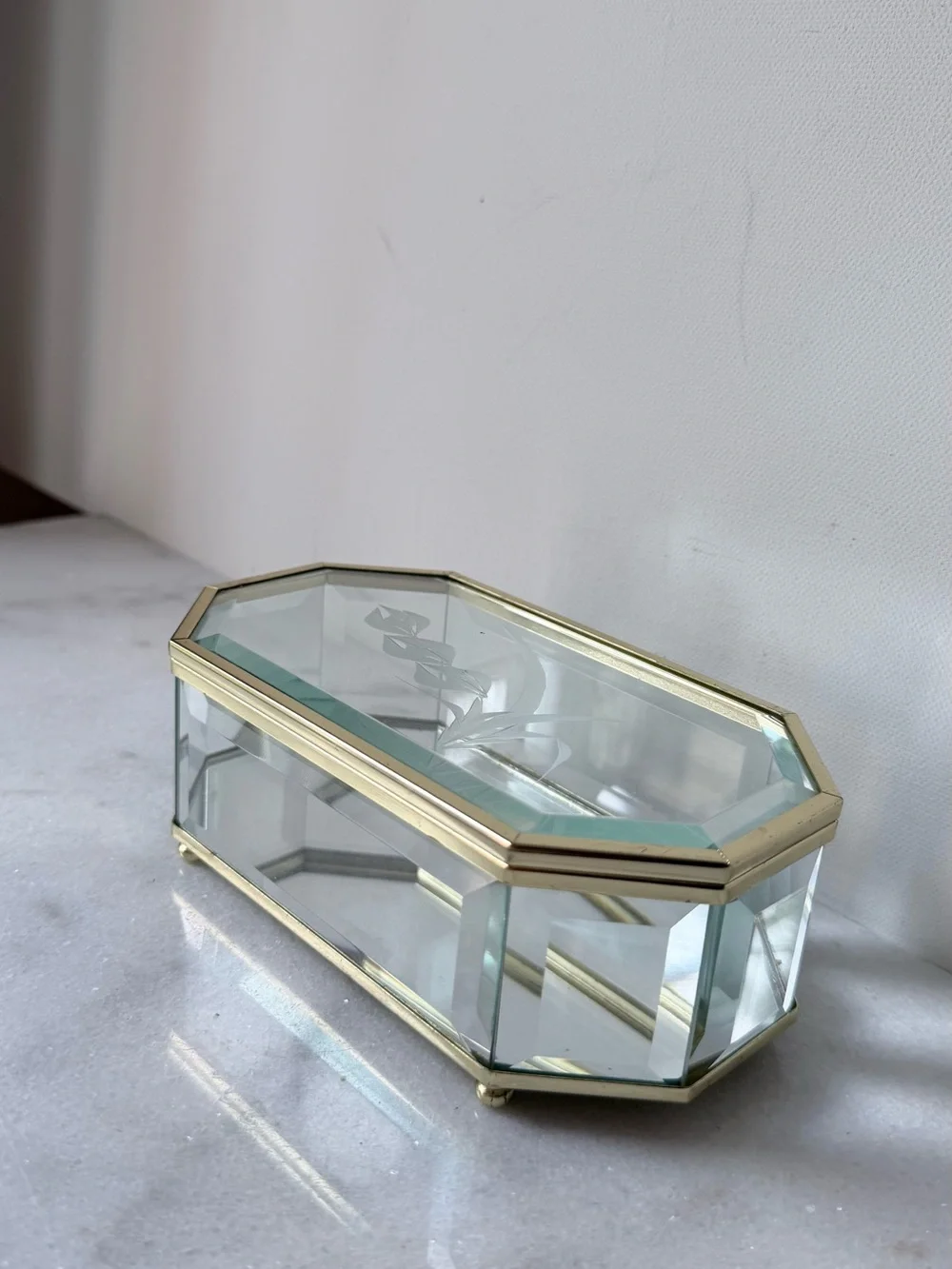 Glass and Brass Display Jewelry Case - Gold Finish, vintage